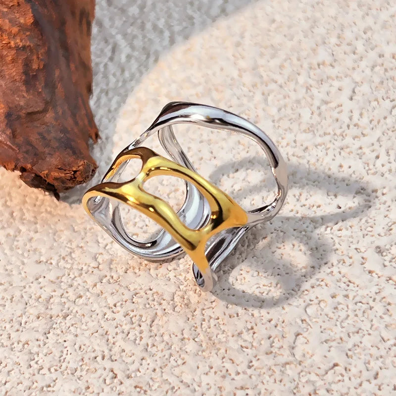 18k Gold Plated Punk Geometric Hollow Out Wide Wire Ring for Women Party Jewelry