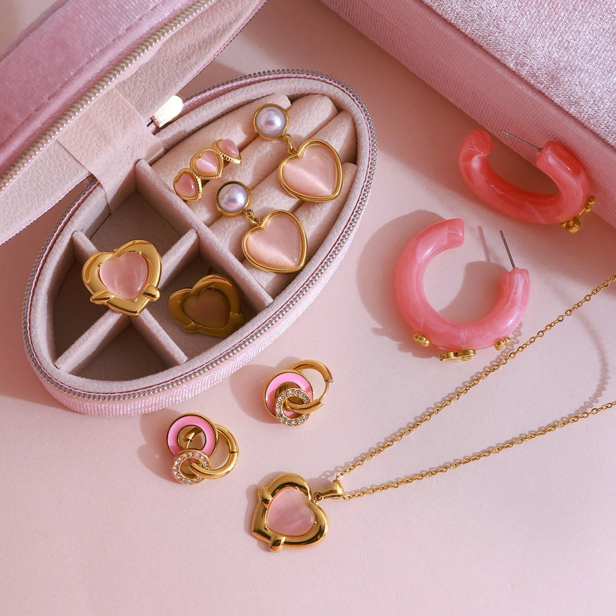 Pink Opal Love Heart Drop Earrings 18K Gold Plated Double Circle Hoops Bridal Jewelry