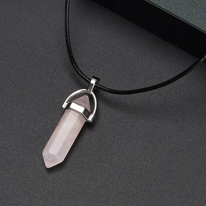 Natural Quartz Crystal Opal Agate Hexagonal Pendulum Necklace Leather Chain Charm
