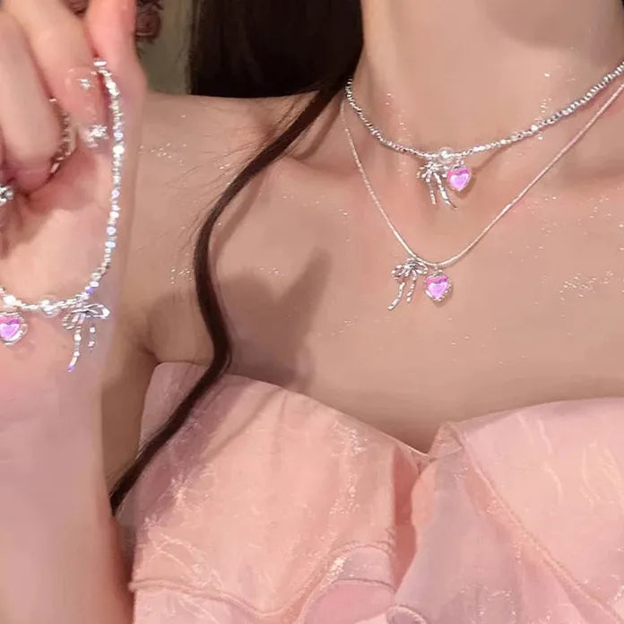 Y2K Pink Zircon Bowknot Necklace & Bracelet Set for Women Zinc Alloy