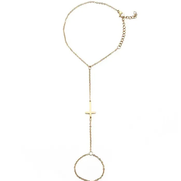 Gold Pearl Cross Hand Chain Bracelet Rings for Women Girls Jewelry Gift