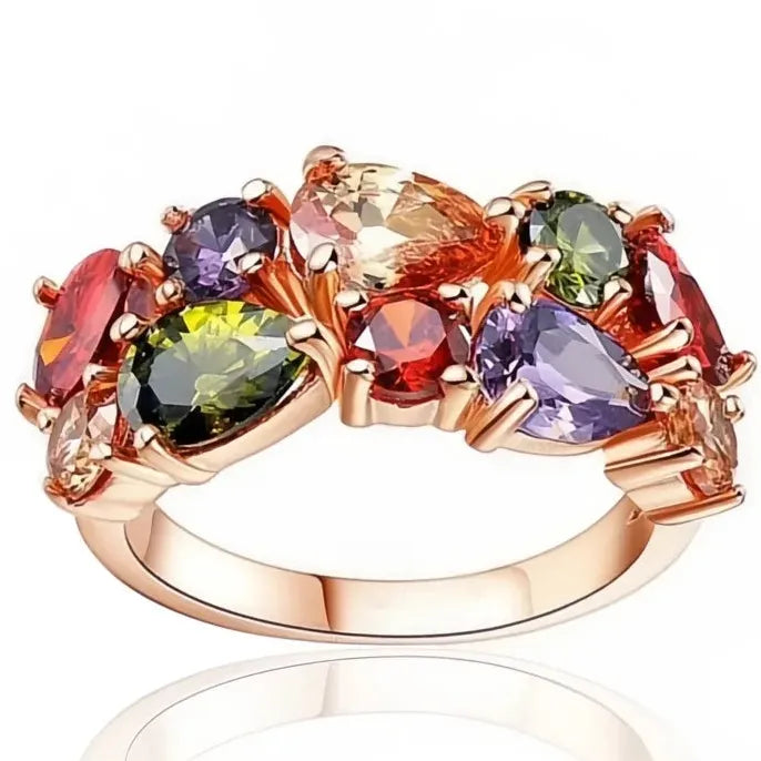 Rose Gold Brass Wedding Ring with Geometric Colorful Cubic Zirconia Design