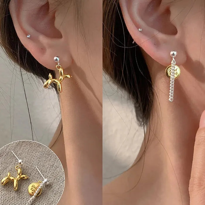 Asymmetrical Silver Balloon Dog Tassel Chain Earrings Zinc Alloy 2000s