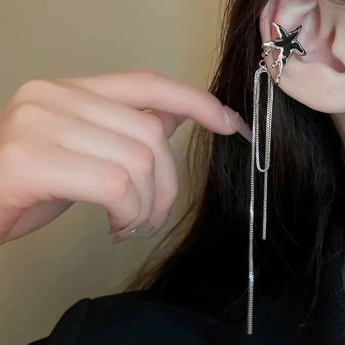Punk Black Asymmetric Moon Star Clip Earrings Tassel Ear Cuff Jewelry