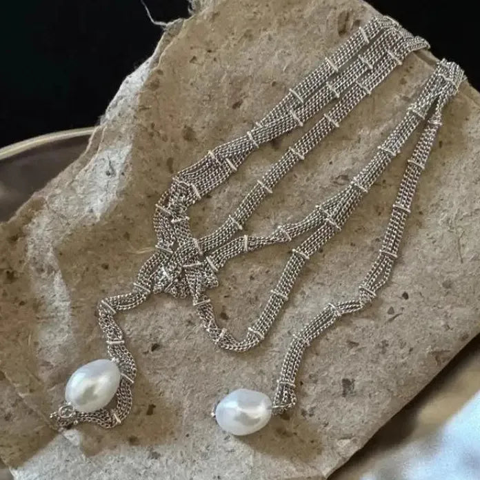 Light Luxury Silver Pearl Necklace Women Water Drop Pendant Extra-Long Chain Gift