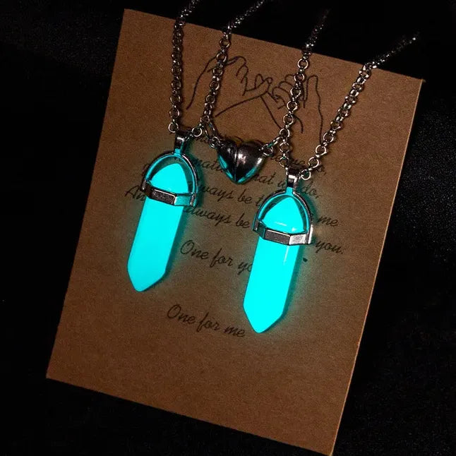 2Pcs Luminous Hexagonal Heart Pendant Couple Magnetic Zinc Alloy Necklace Gift