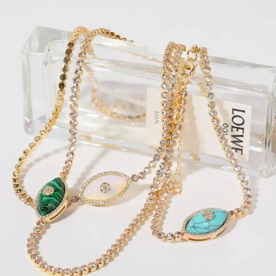 18K Gold Plated Turkey Rhinestone Evil Eye Opal Turquoise Zircon Choker Necklace
