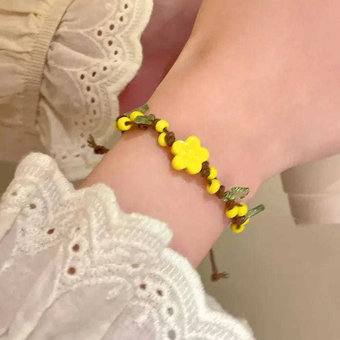Ceramic Yellow Flower Beaded Rope Bracelet for Women Girls Spring Summer Jewelry
