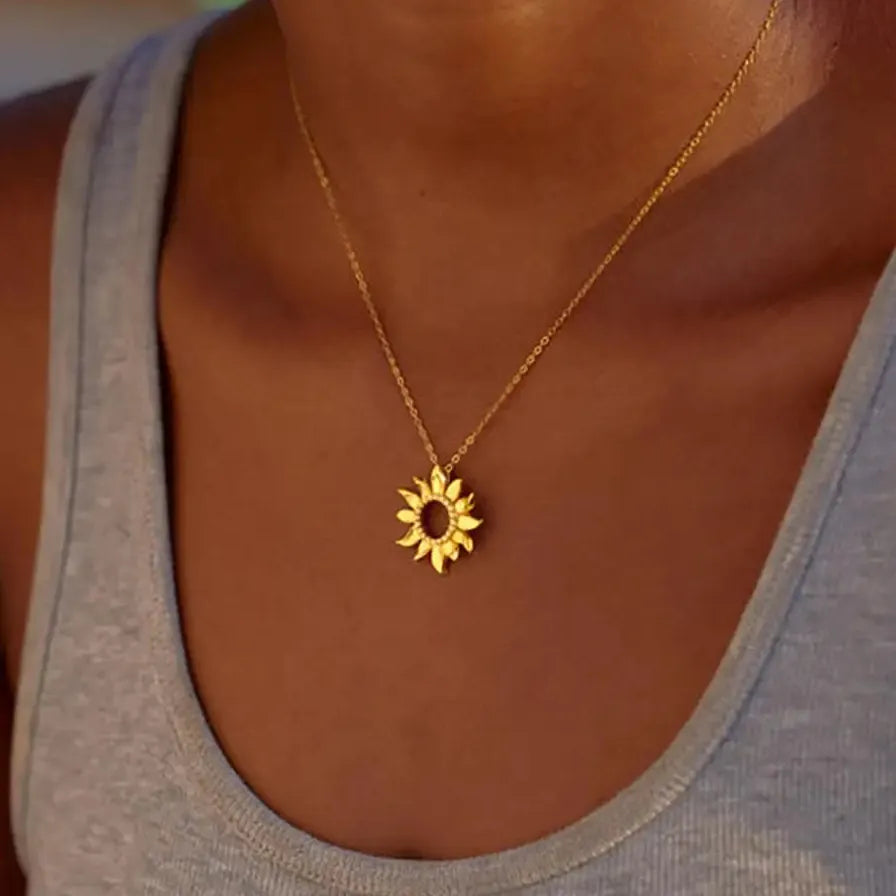 Sunflower CZ Zircon 18K Gold Plated Geometric Pendant Necklace for Women Gift