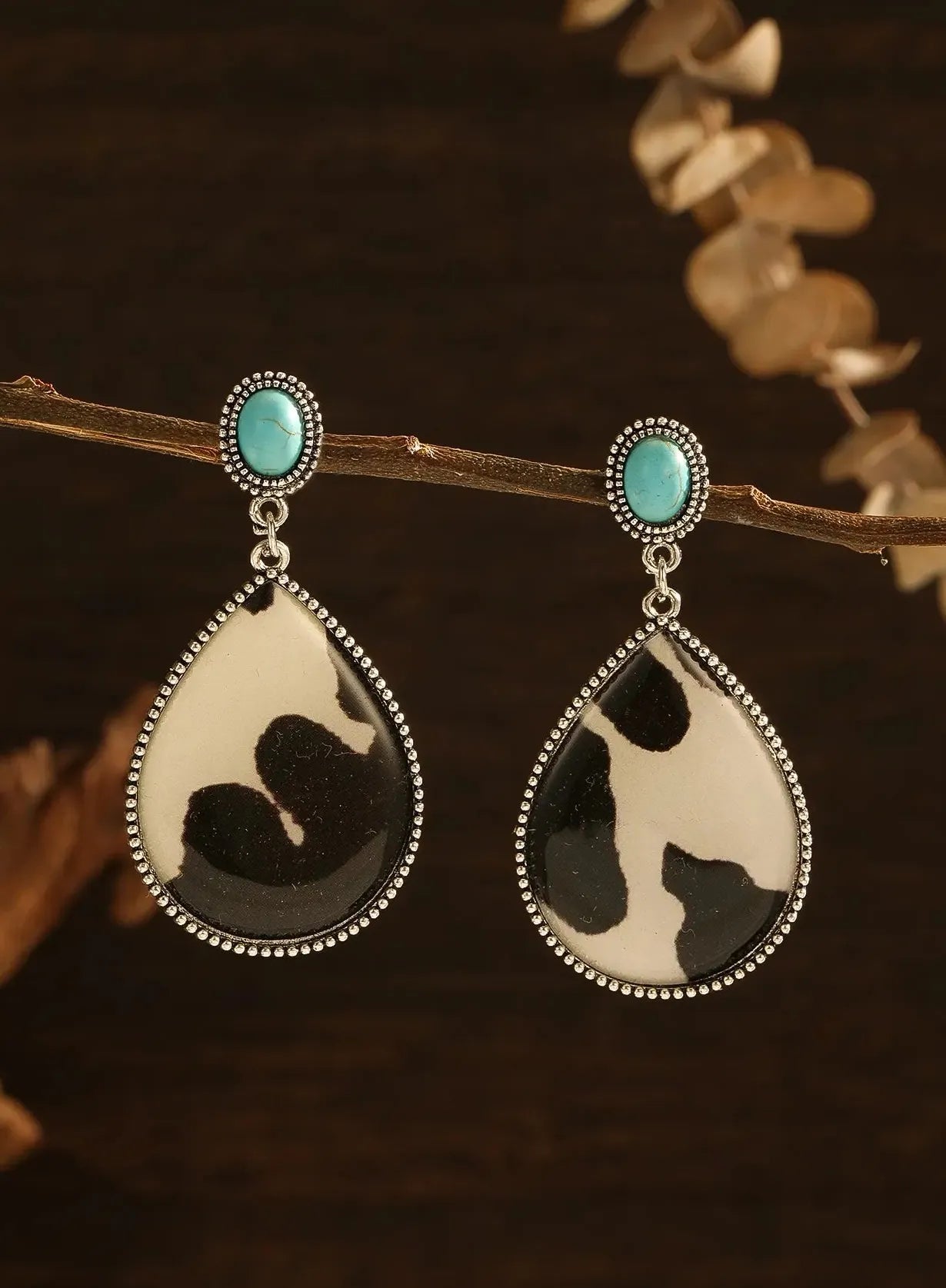 Vintage Oval Resin Cow Pattern Pendant Earrings Turquoise Women's Jewelry