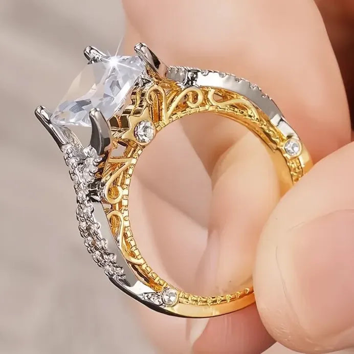 Two-Tone Square CZ Geometric Princess Style Wedding Band Ring Women