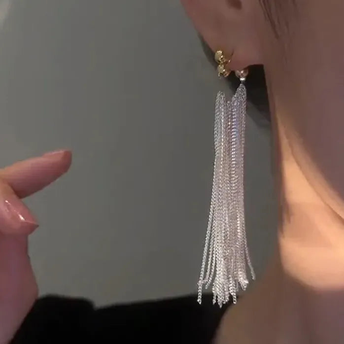 Elegant Light Luxury Long Tassel Copper Earrings Women Geometric Drop Design