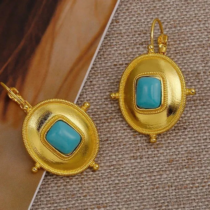 Vintage Gold Color Ornate Zinc Alloy Drop Earrings Women Ethnic Turquoise