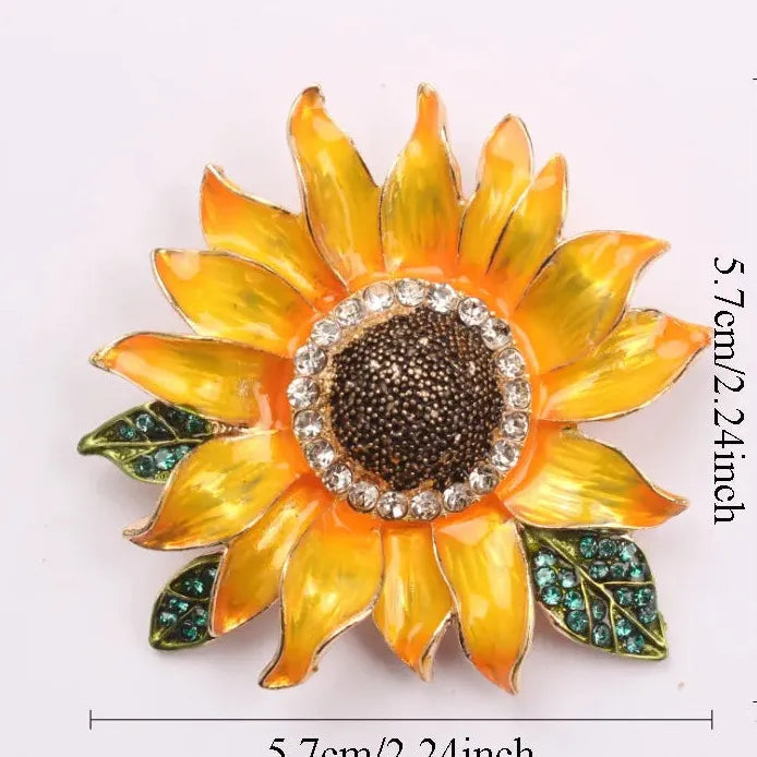 Hand Painted Sunflower Enamel Brooch with Faux Crystal Leaves Gift