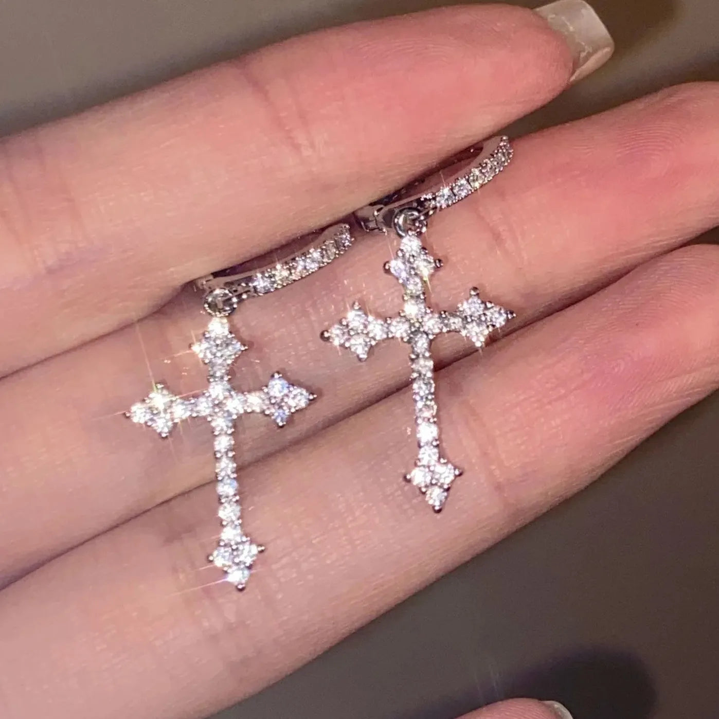 Punk Rhinestone Cross Drop Earrings Kpop Grunge Egirl Fashion Jewelry
