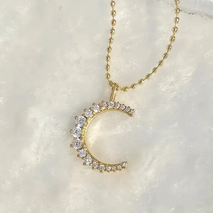Shiny CZ Moon Pendant Necklace for Women Wedding Engagement Copper Alloy