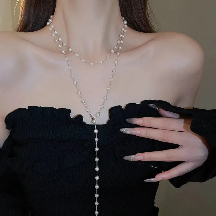 Long Tassel Pearl Necklace with Geometric Circle Pendant for Women