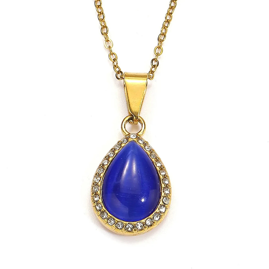 18k Gold Plated Stainless Steel Water Droplet Cat Eye Pendant Necklace Choker Women