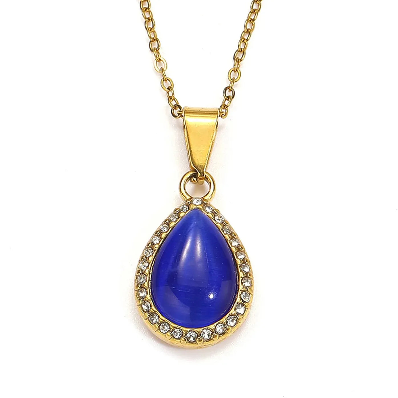 18k Gold Plated Stainless Steel Water Droplet Cat Eye Pendant Necklace Choker Women