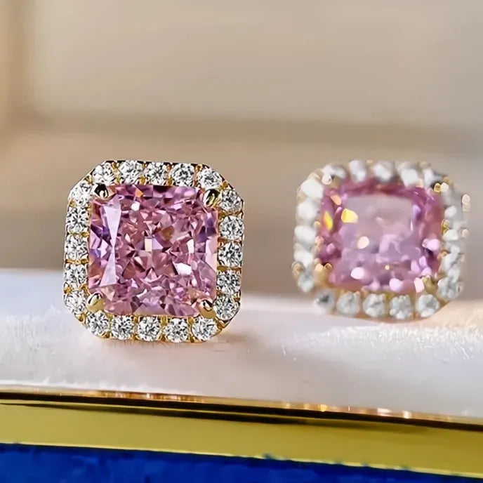 Princess Pink Cubic Zirconia Geometric Stud Earrings Gold Color Copper Alloy Jewelry for Women Wedding
