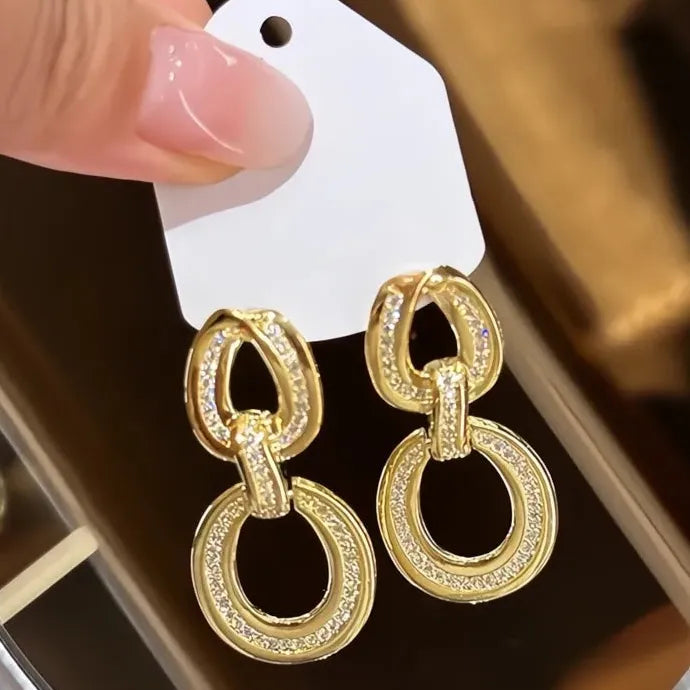 Gold Color CZ Circle Linked Geometric Drop Earrings for Women Wedding Party