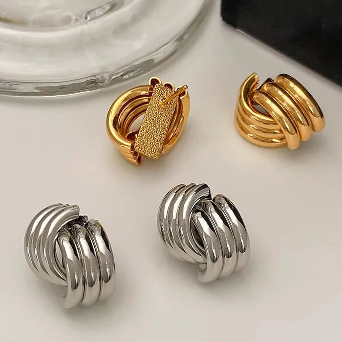 Vintage Glossy Three-Layer Textured Knot Zinc Alloy Stud Earrings for Women