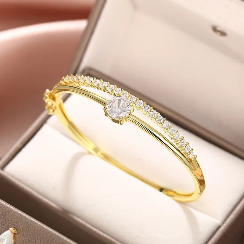 Geometric Double Line Bangle Bracelet with Cubic Zirconia for Women