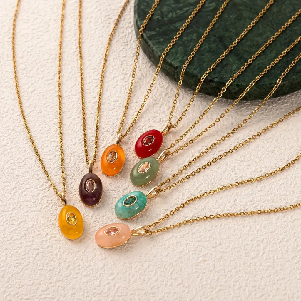 18K Gold Plated Stainless Steel Oval Multicolor Zircon Pendant Necklace Choker