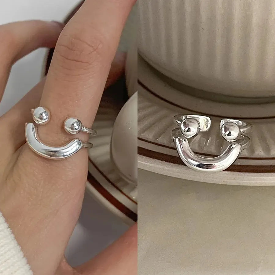 Adjustable Silver Smile Shape Ring for Women Vintage Jewelry Gift Fashion