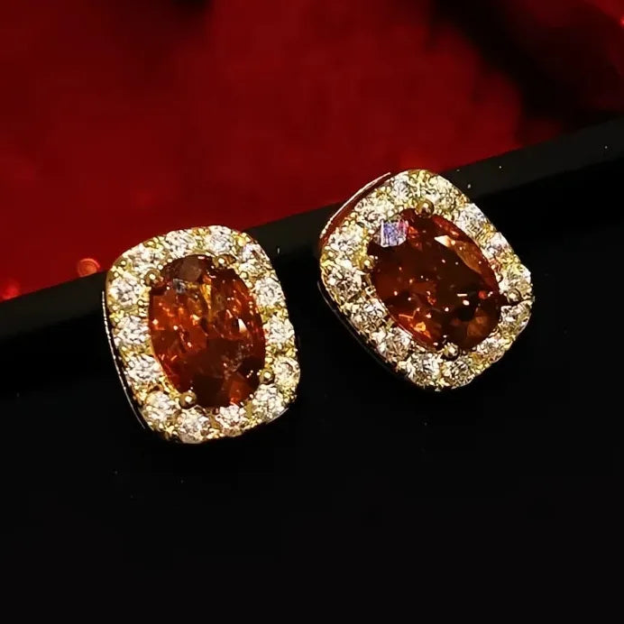 Gold Tone Red Zirconia Geometric Stud Earrings for Women Wedding Jewelry