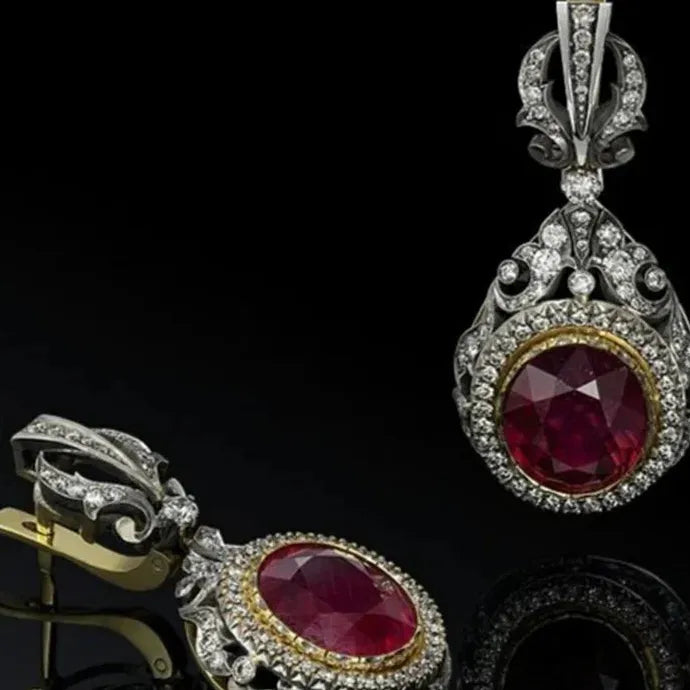 Silver Round Water Drop Flower Earrings with Red Stone for Women Party