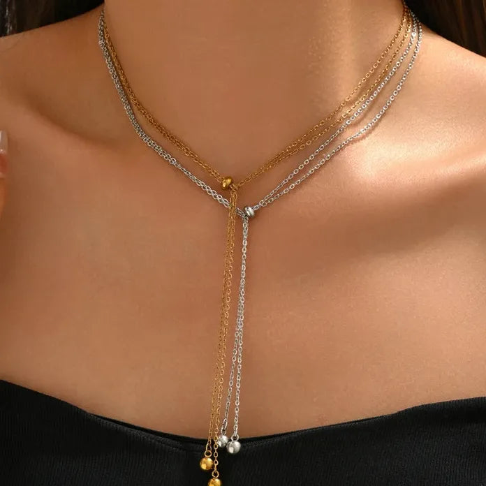 Luxury Metal Double-Layer Beads Pendant Y-Shaped Necklace for Women
