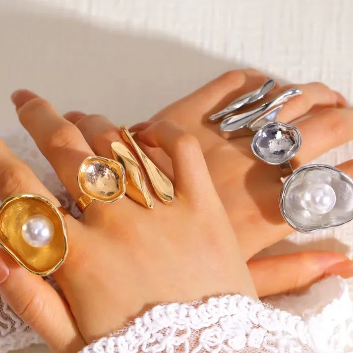 Pearl Geometric Layered Trumpet Flower Rings Set for Women Fashion Jewelry
