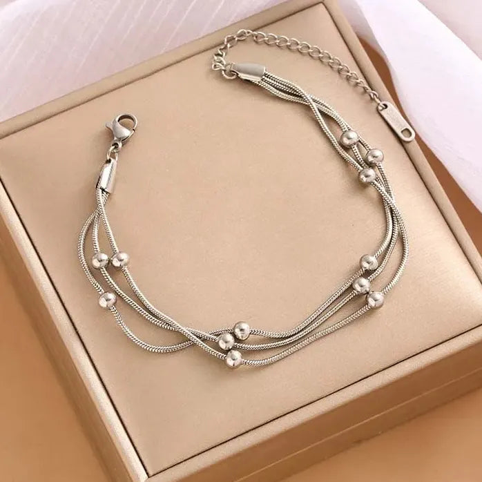 Stainless Steel Gold Beaded Round Multilayer Chain Bracelet for Women Fashion Jewelry