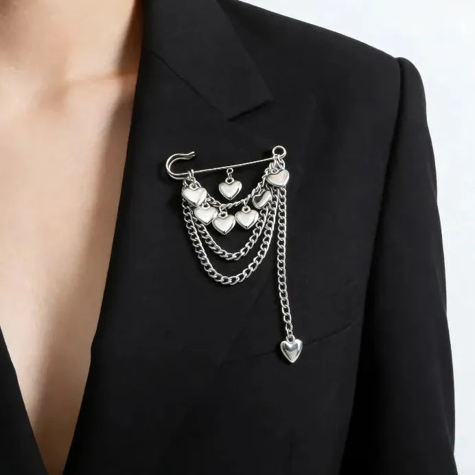 Heart-Shaped Multi-Layer Beaded Tassel Brooch with Imitation Pearls