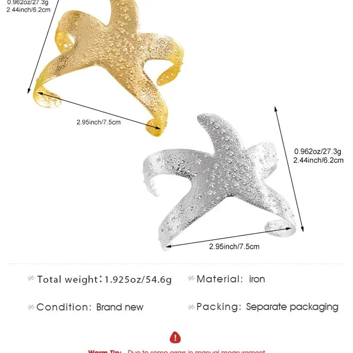 Bohemia Metal Large Starfish Hammer Texture Adjustable Bangle Bracelet Women