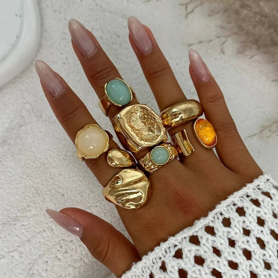 7Pcs Vintage Colorful Crystal Geometric Rings Set for Women Fashion Jewelry