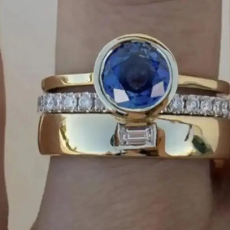 Geometric Gold Color Round Zircon Rings Set for Women Engagement Wedding Jewelry