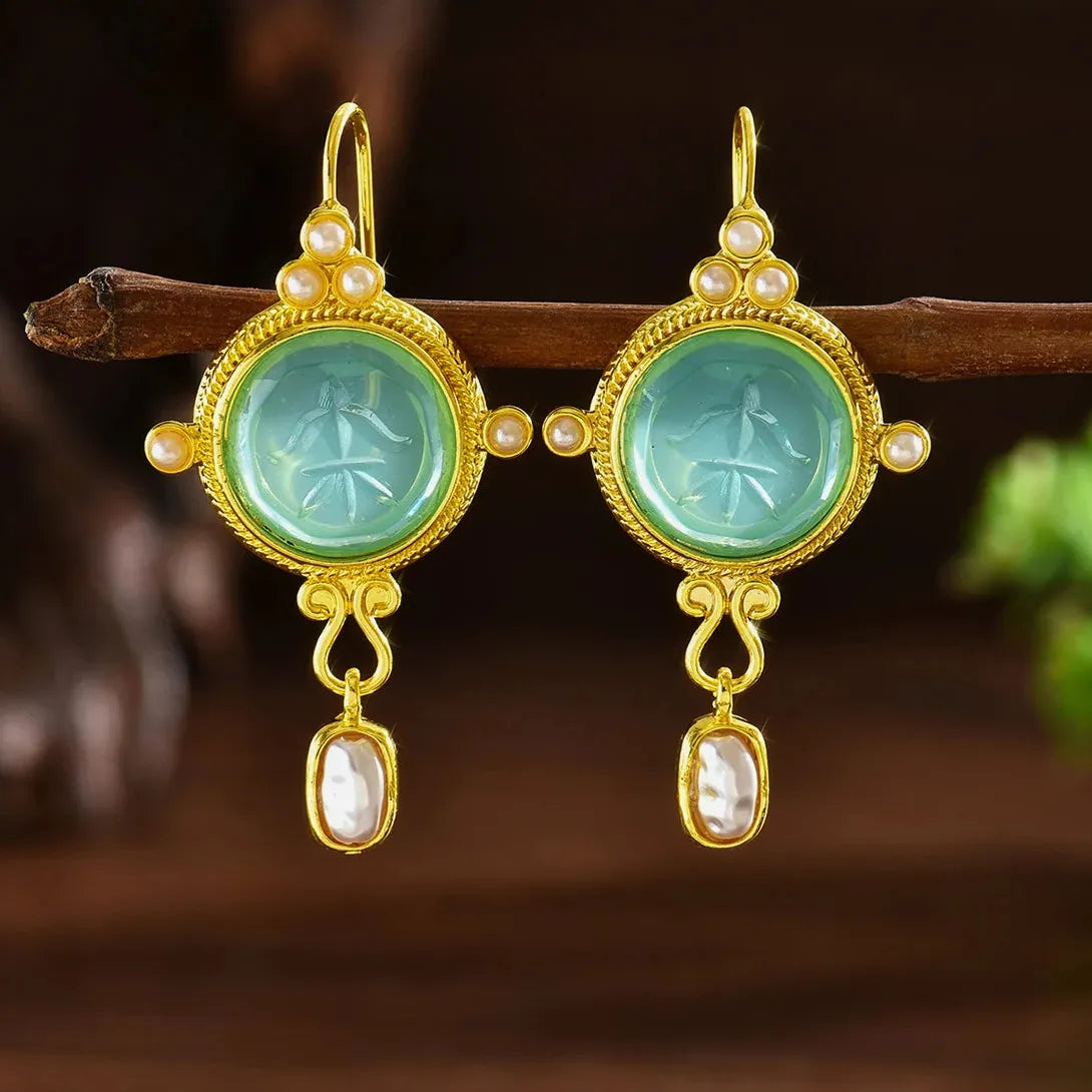 Blue Geometric Inlay Pearl Drop Earrings for Women Party Birthday Jewelry