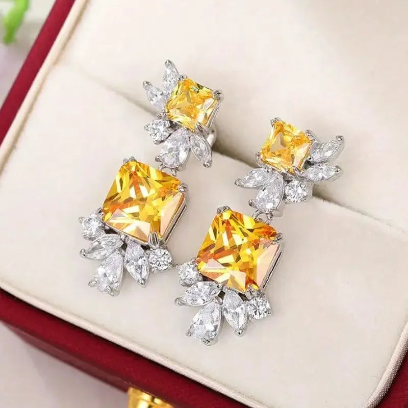 Copper Geometric Zircon Square Stud Earrings Shiny CZ Bride Bridesmaid Jewelry