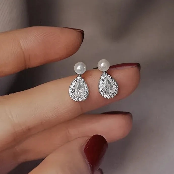 Simulated Pearl Stud Earrings with Waterdrop Cubic Zirconia Jewelry for Women