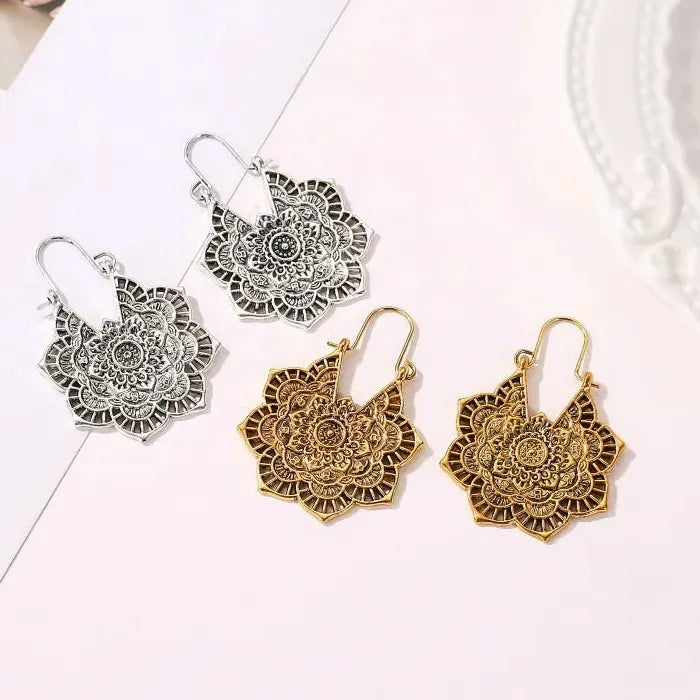 Retro Bohemian Hollow Flower Drop Earrings for Ladies Zinc Alloy Metal Jewelry