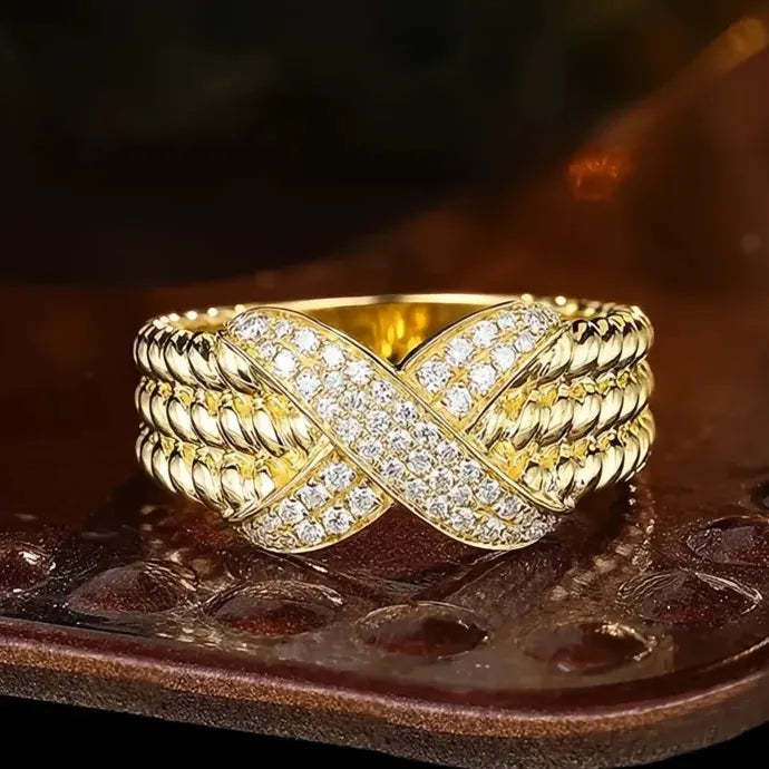 Gold Cross Ring Women Luxury CZ Wedding Fashion Party Jewelry Gift Brass