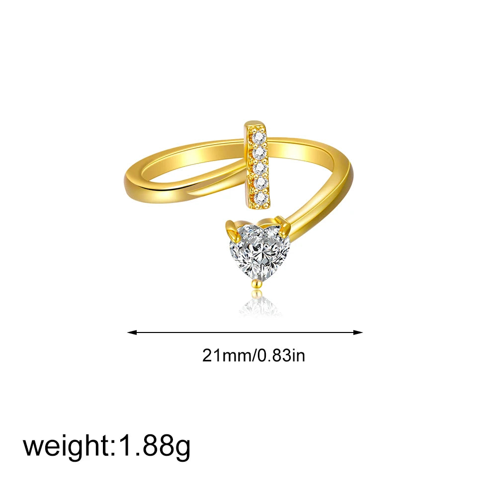 Polished Gold Plated Copper A-Z Letter Initial Ring with Zircon Heart Wedding Jewelry