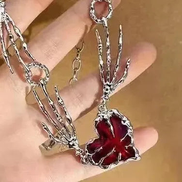 Gothic Red Crystal Heart Pendant Necklace Y2K Fashion Jewelry Accessory