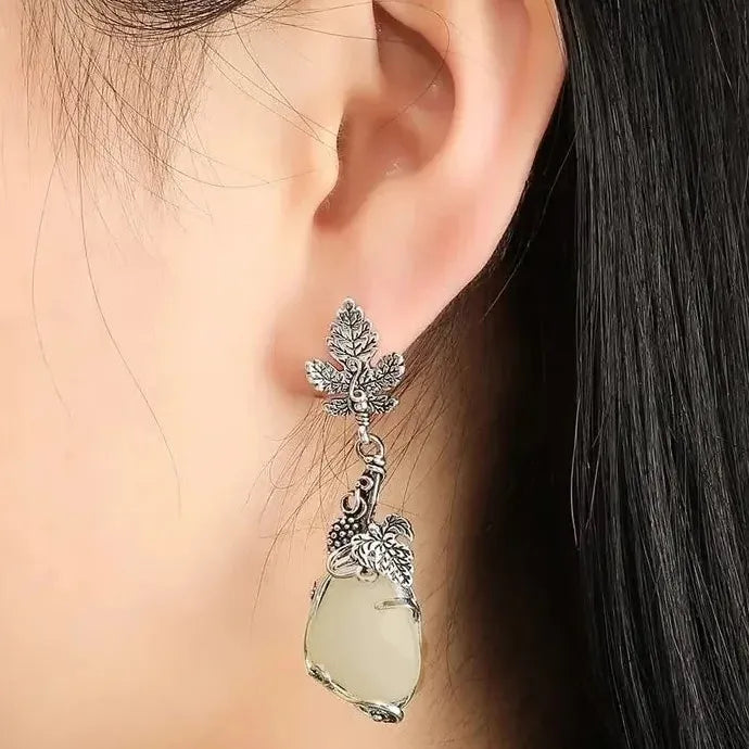 Vintage Silver Color Maple Leaf Dangle Earrings White Stone Water Droplets for Women