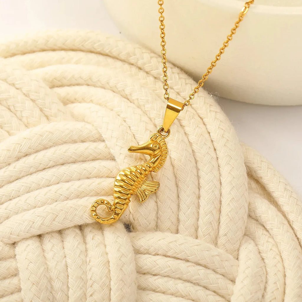 18K Gold Plated Geometric Seahorse Pendant Necklace for Women Waterproof Jewelry