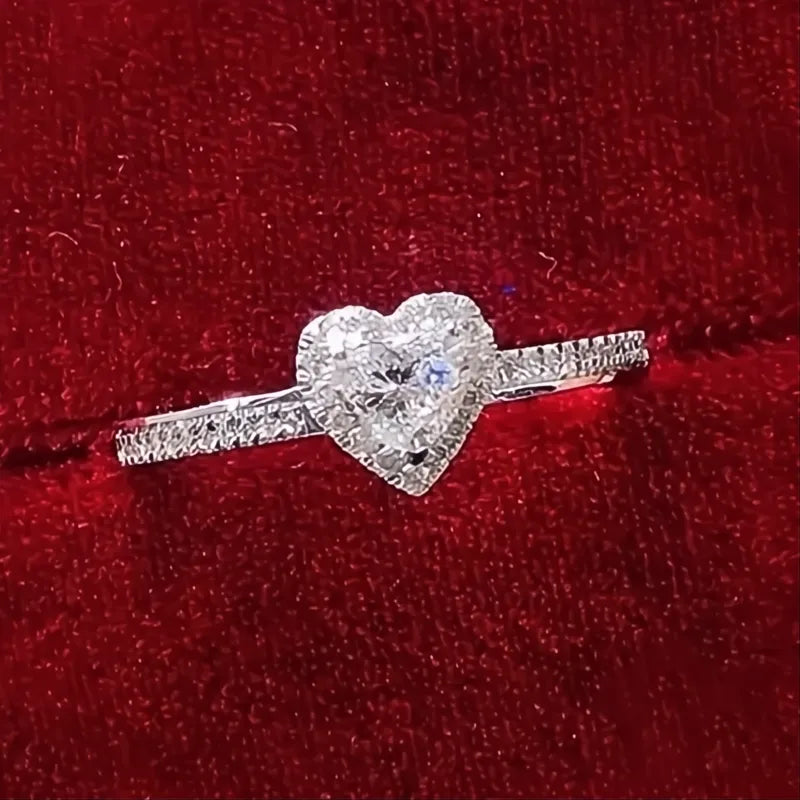 Shiny Silver Heart Ring for Women Cubic Zirconia Brass Wedding Fashion Jewelry Gift