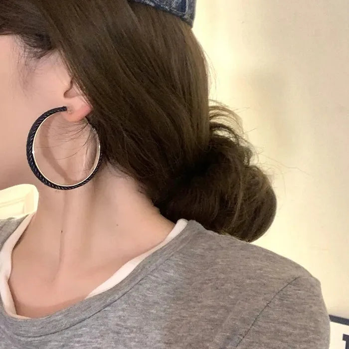 Vintage Blue Denim Zinc Alloy Round Hoop Earrings for Women Gift