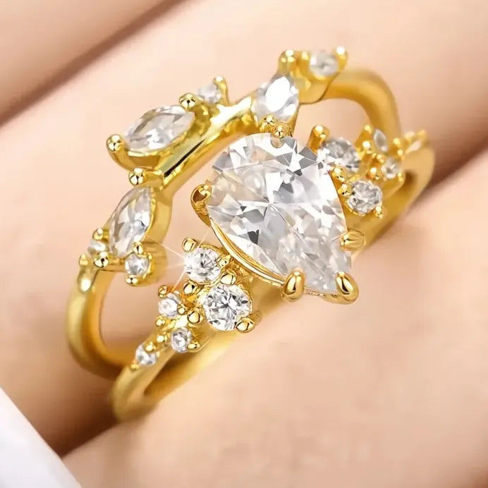 Pear Cubic Zirconia Bridal Wedding Ring Set Gold Tone Elegant Jewelry